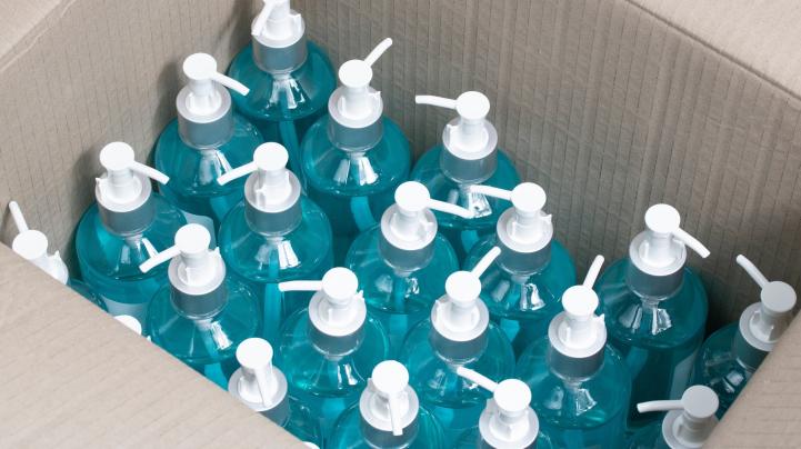 bottles of antimicrobial soap packed for transport